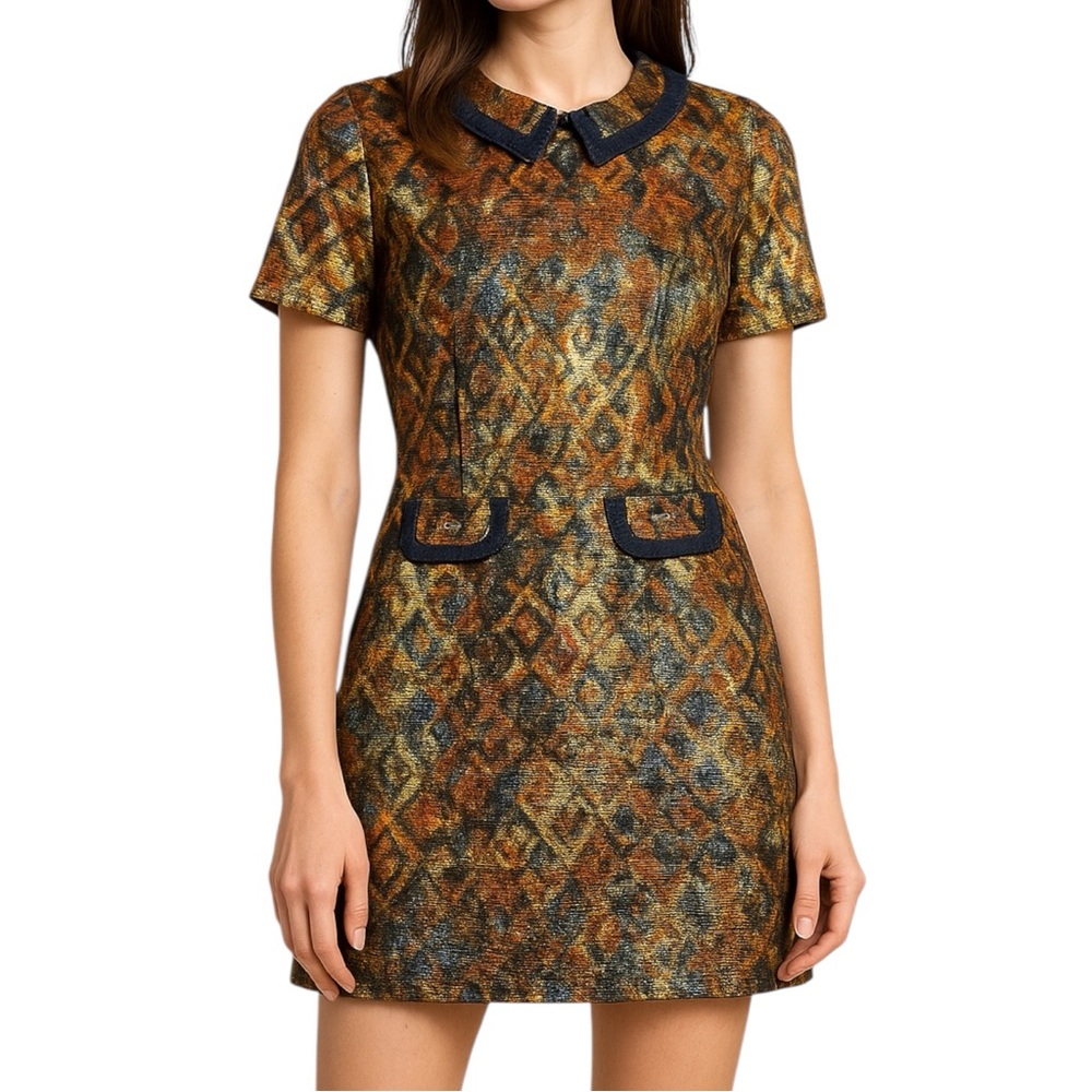 Metallic Brocade Mod Shift Dress Retro 60s Style Size 10 EU 38 Peter Pan Collar
